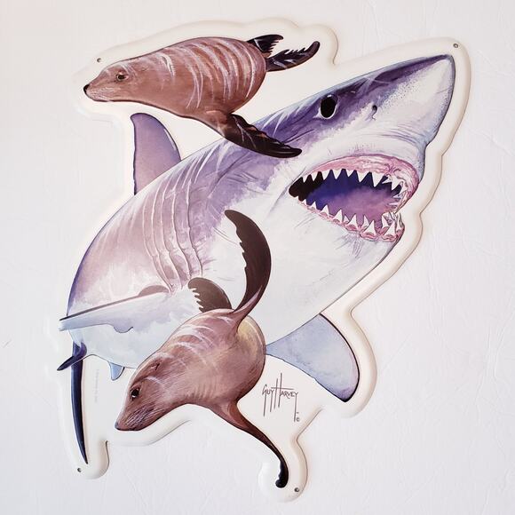Guy Harvey Great White Shark Sea Lions Metal Sign Fish Nautical Decor 18" x 13" - Picture 1 of 6